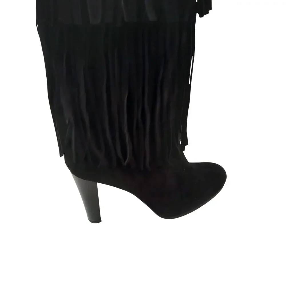 Stuart Weitzman Fringie Black Suede Fringe Boots 7.5 M Over The Knee Western NEW